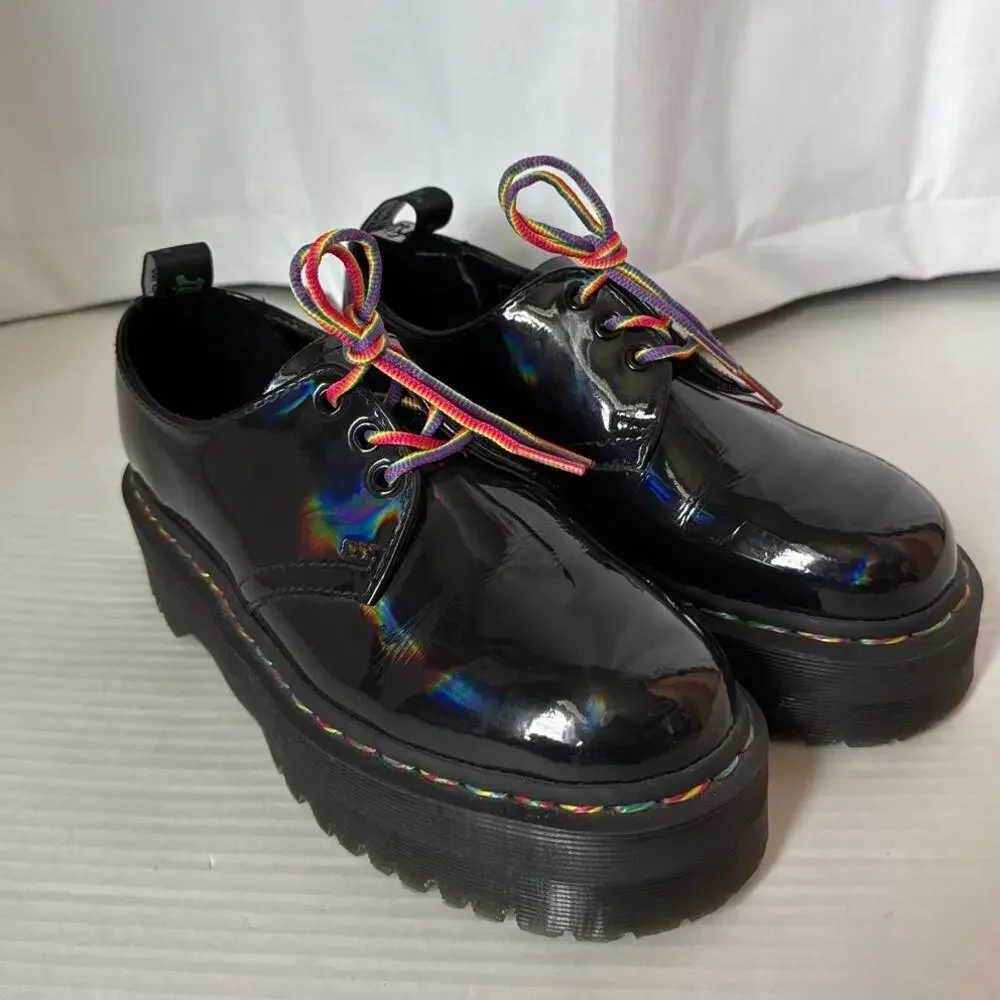Dr. Martens 1461 Quad Rainbow Patent Platform Shoes black size 7 ladies 6 Men